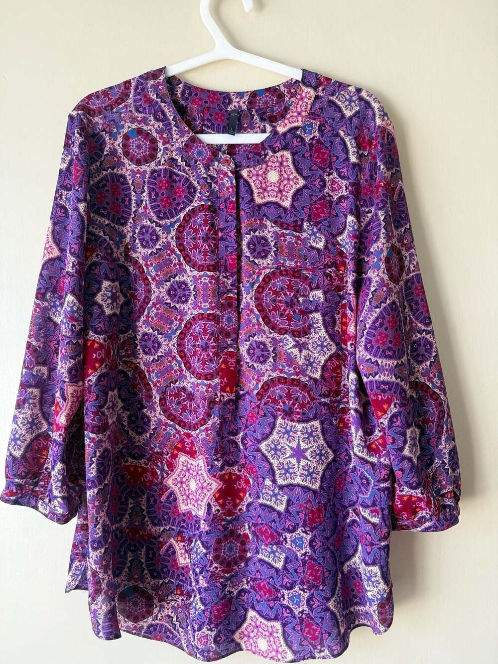 NYDJ Women Size L Top Blouse Shirt Grape Popover 3/4 Sleeve Back Pleated